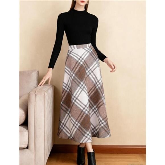 Dresses & Skirts - Women's Warm Elastic Waist Wool Plaid A-Line Skirt Brown